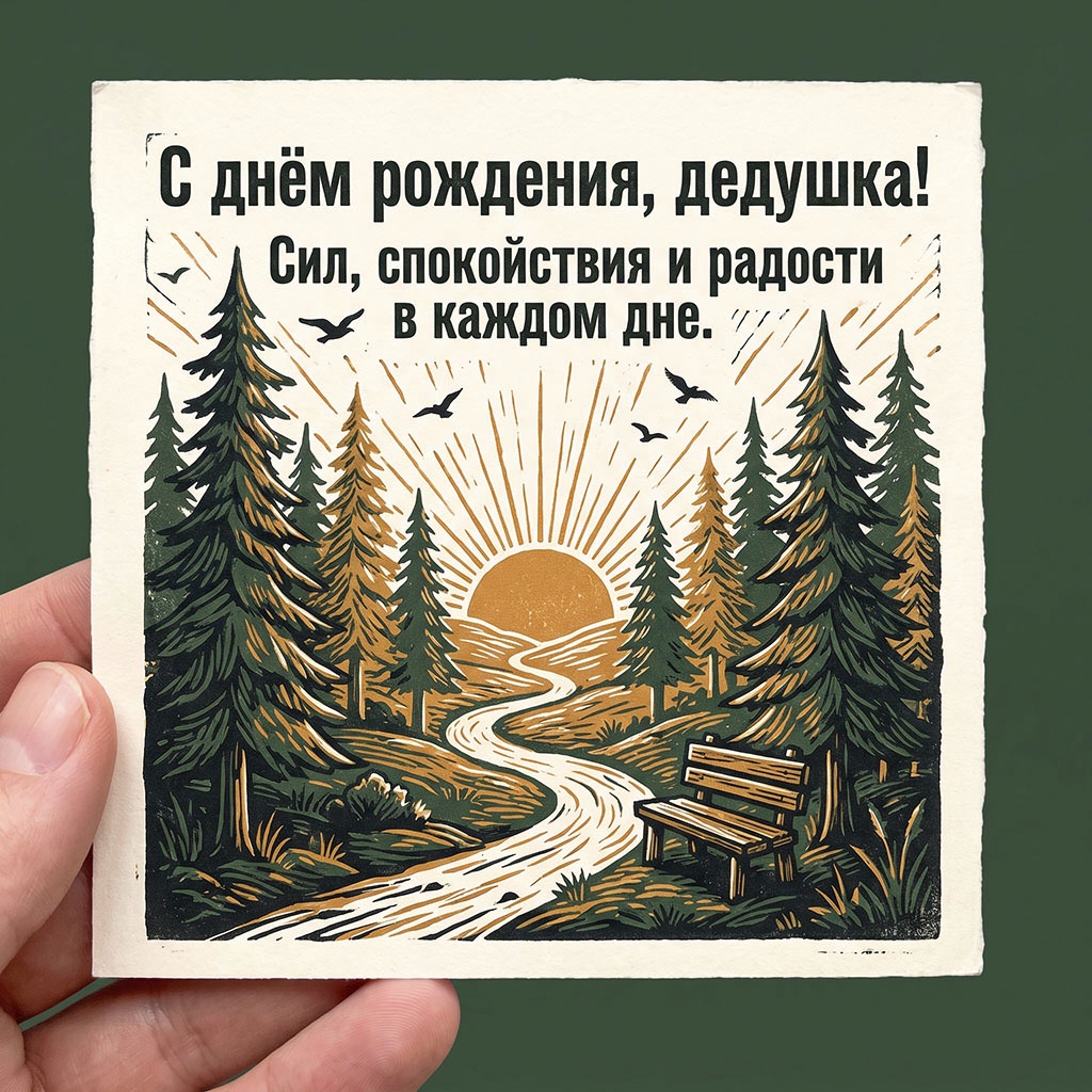 Открытка - гравюра с лесом и текстом "С днем рождения, дедушка! Сил, спокойствия и радости в каждом дне".