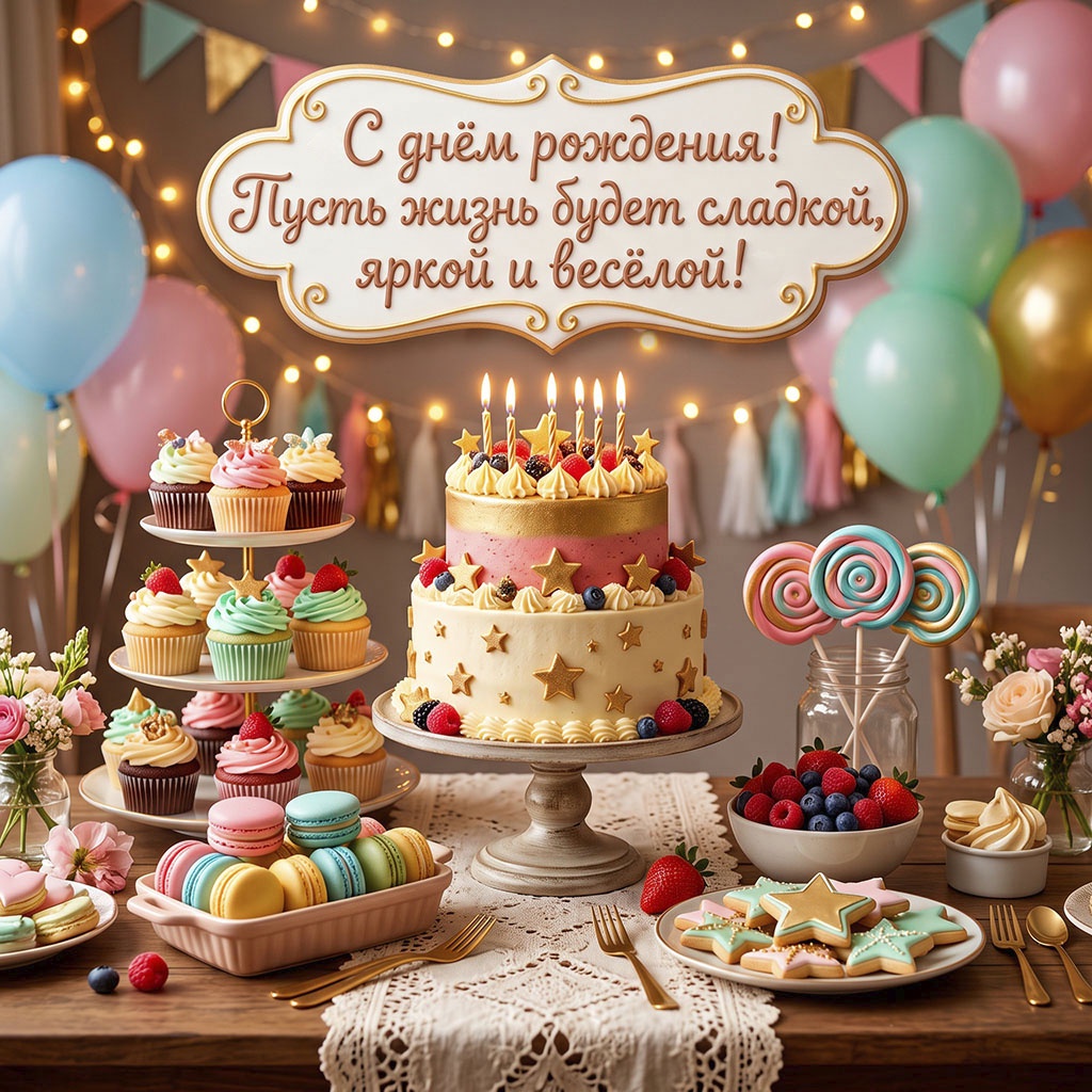 Открытка со сладостями на праздничном столе и текстом "С днем рождения! Пусть жизнь будет сладкой, яркой и веселой".