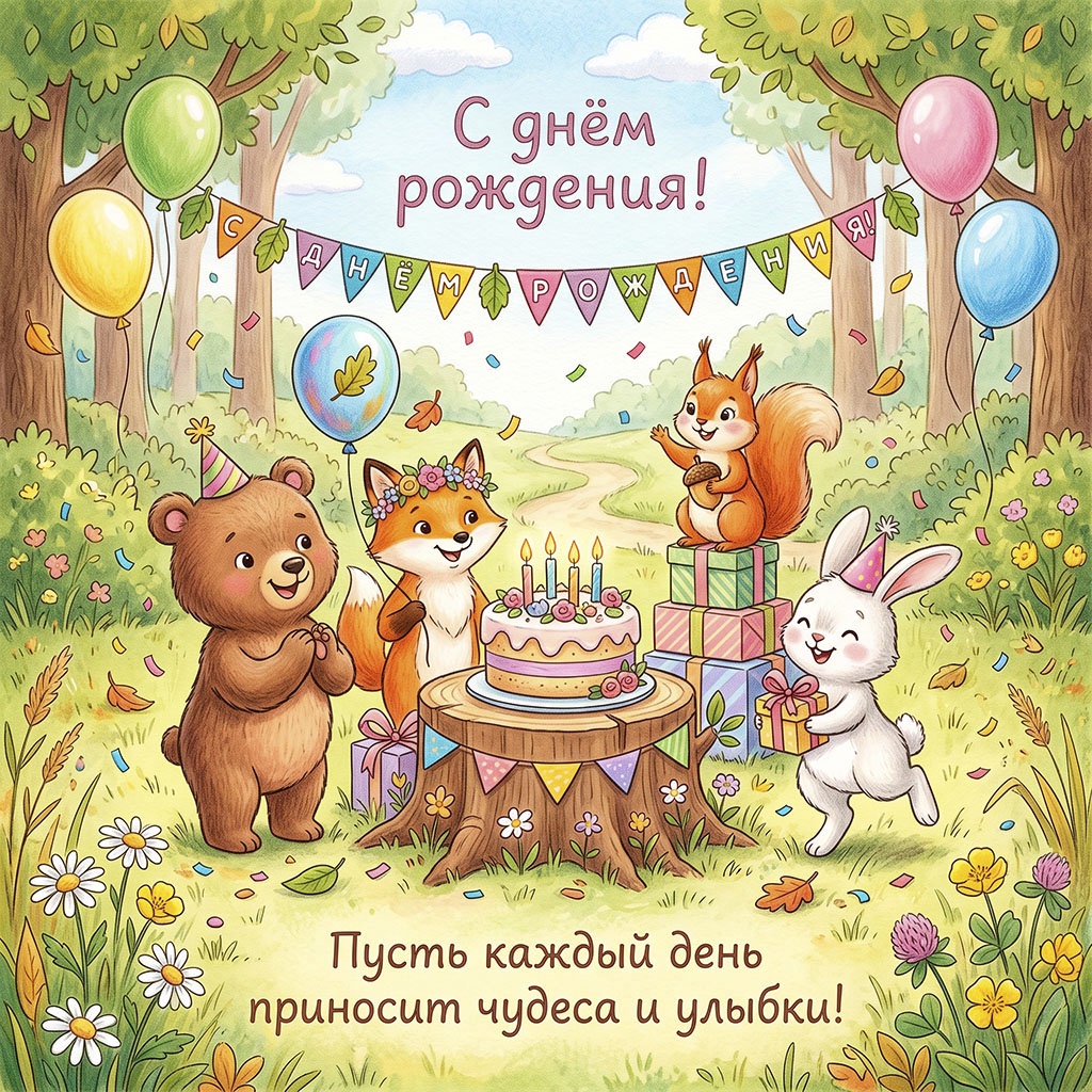 Открытка с медведем, лисой, белкой и зайцем и текстом "С днем рождения! Пусть каждый день приносит чудеса и улыбки".