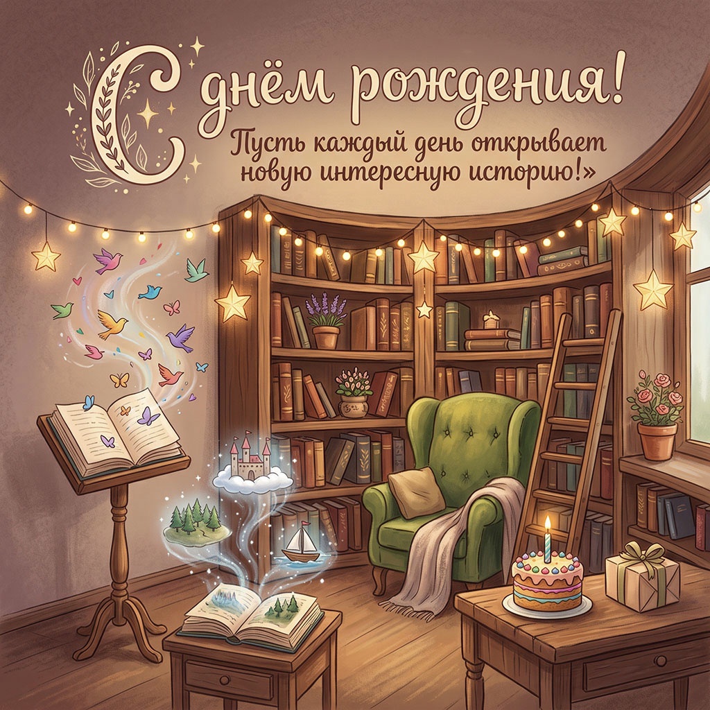 Открытка с библиотекой и текстом "С днем рождения! Пусть каждый день открывает новую интересную историю".