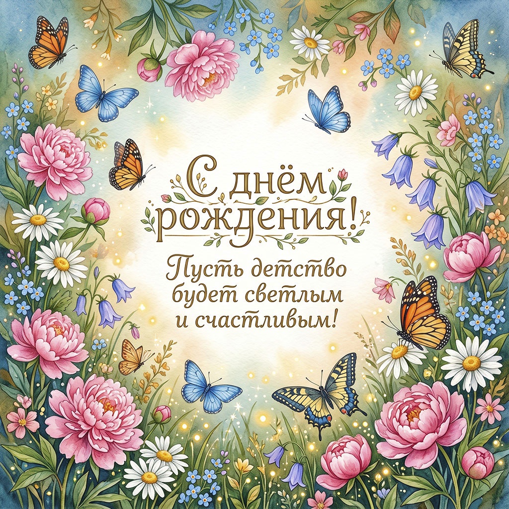 Красочная открытка с цветами и бабочками и текстом "С днем рождения! Пусть детство будет светлым и счастливым".