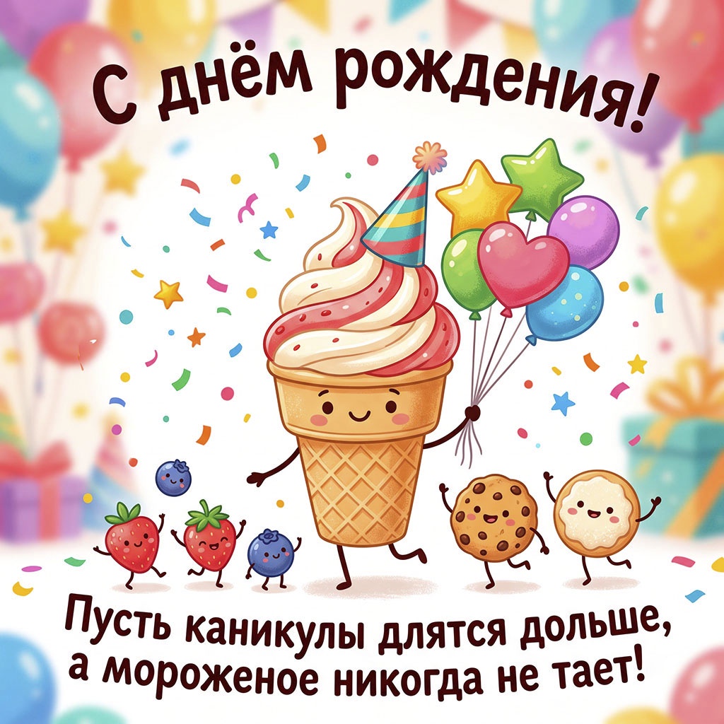 Забавная открытка с веселым мороженым и текстом "С днем рождения! Пусть каникулы длятся дольше, а мороженое никогда не тает".