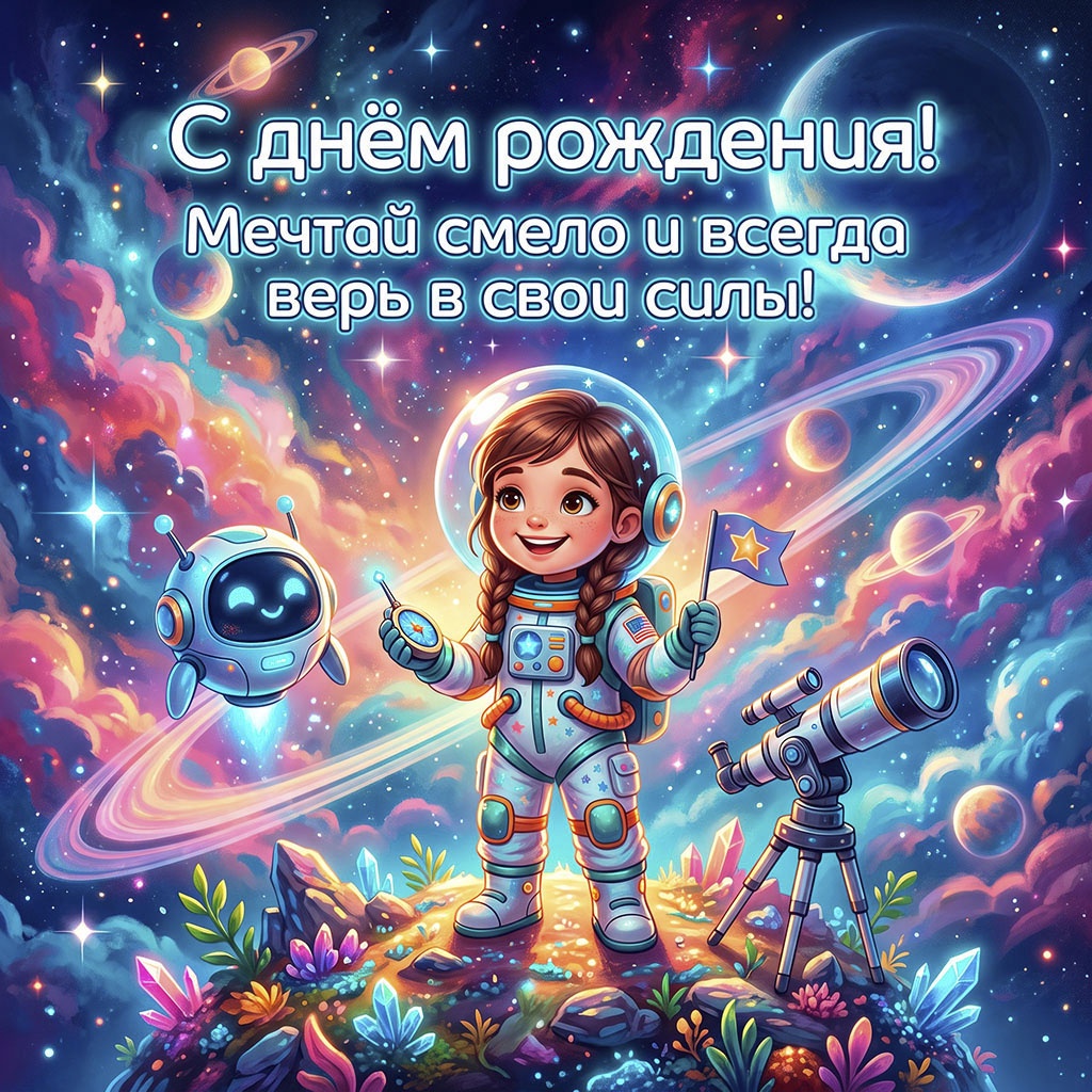 Открытка с девочкой-космонавтом и пожеланием "С днем рождения! Мечтай смело и всегда верь в свои силы".
