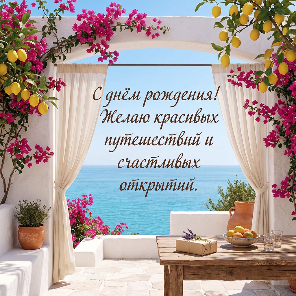 Открытка с террасой у моря и текстом "С днем рождения! Желаю красивых путешествий и счастливых открытий".