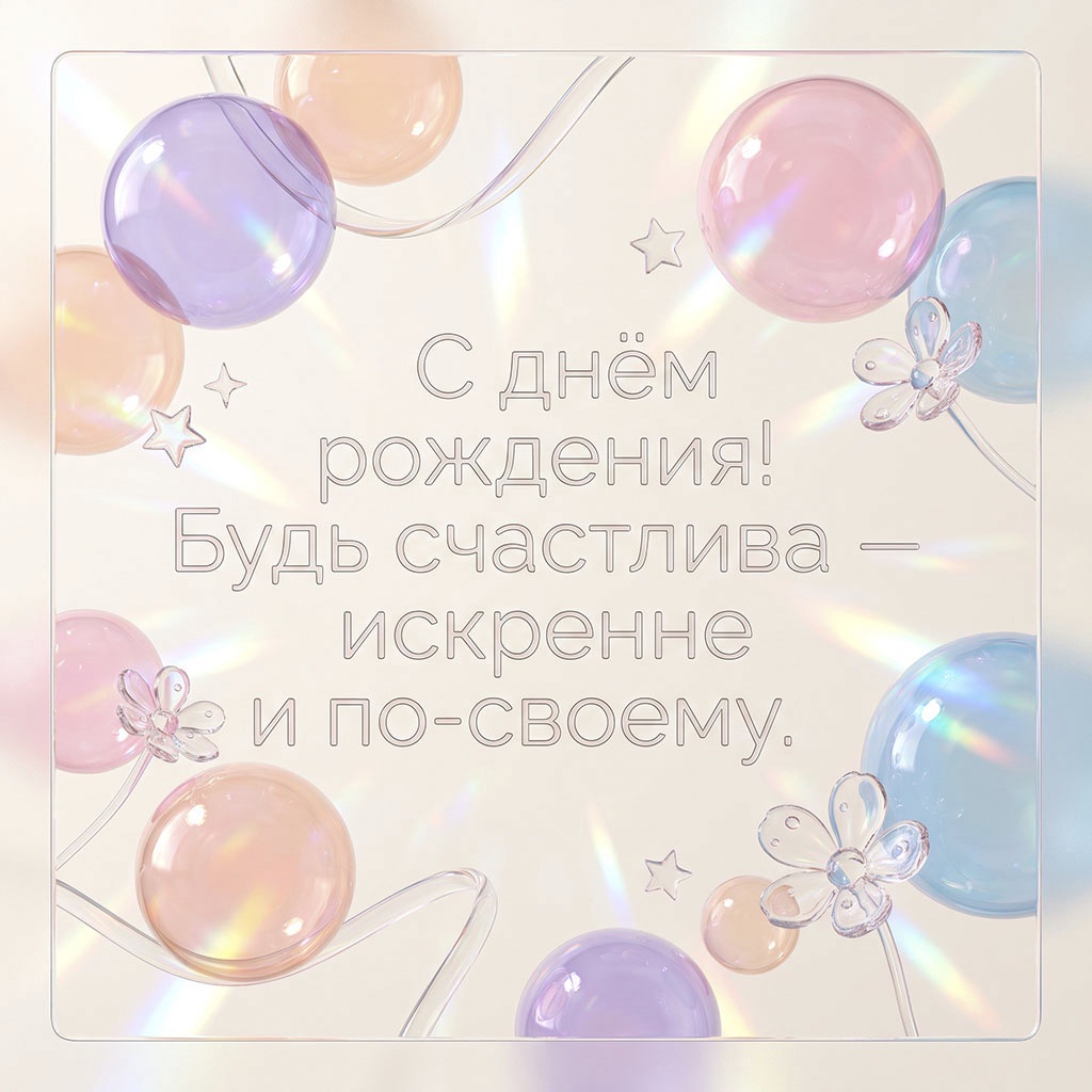 Открытка с стеклянными шарами и текстом "С днем рождения! Будь счастлива - искренне и по-своему".