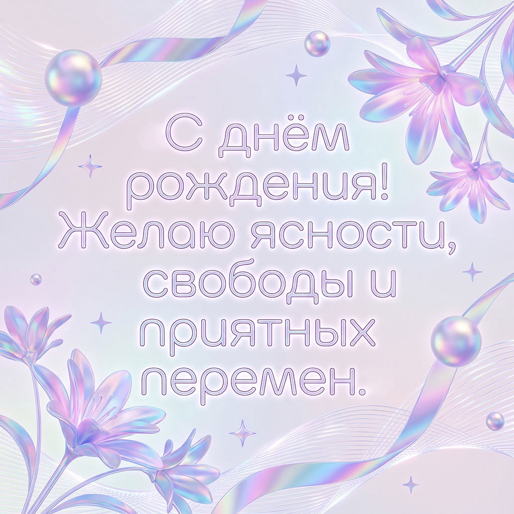 Открытка с перламутровыми цветами и текстом "С днем рождения! Желаю ясности, свободы и приятных перемен". 
