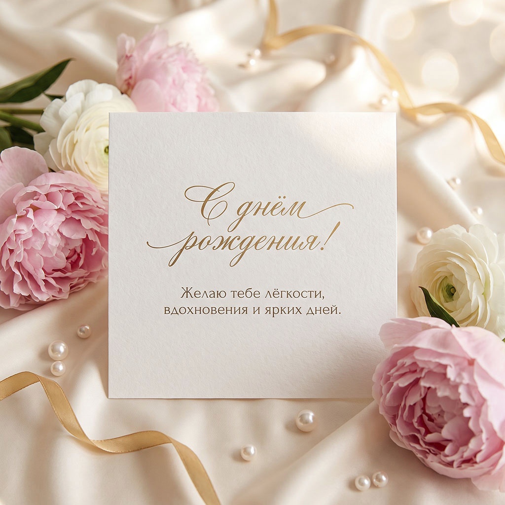 Открытка с пионами и текстом "С днем рождения! Желаю тебе легкости, вдохновения и ярких дней".
