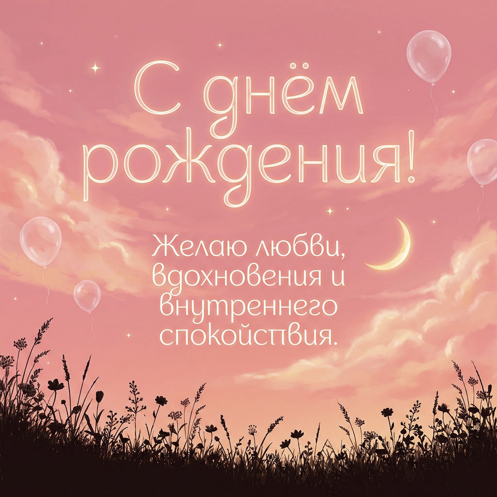 Открытка с закатом и текстом "С днем рождения! Желаю любви, вдохновения и внутреннего спокойствия".