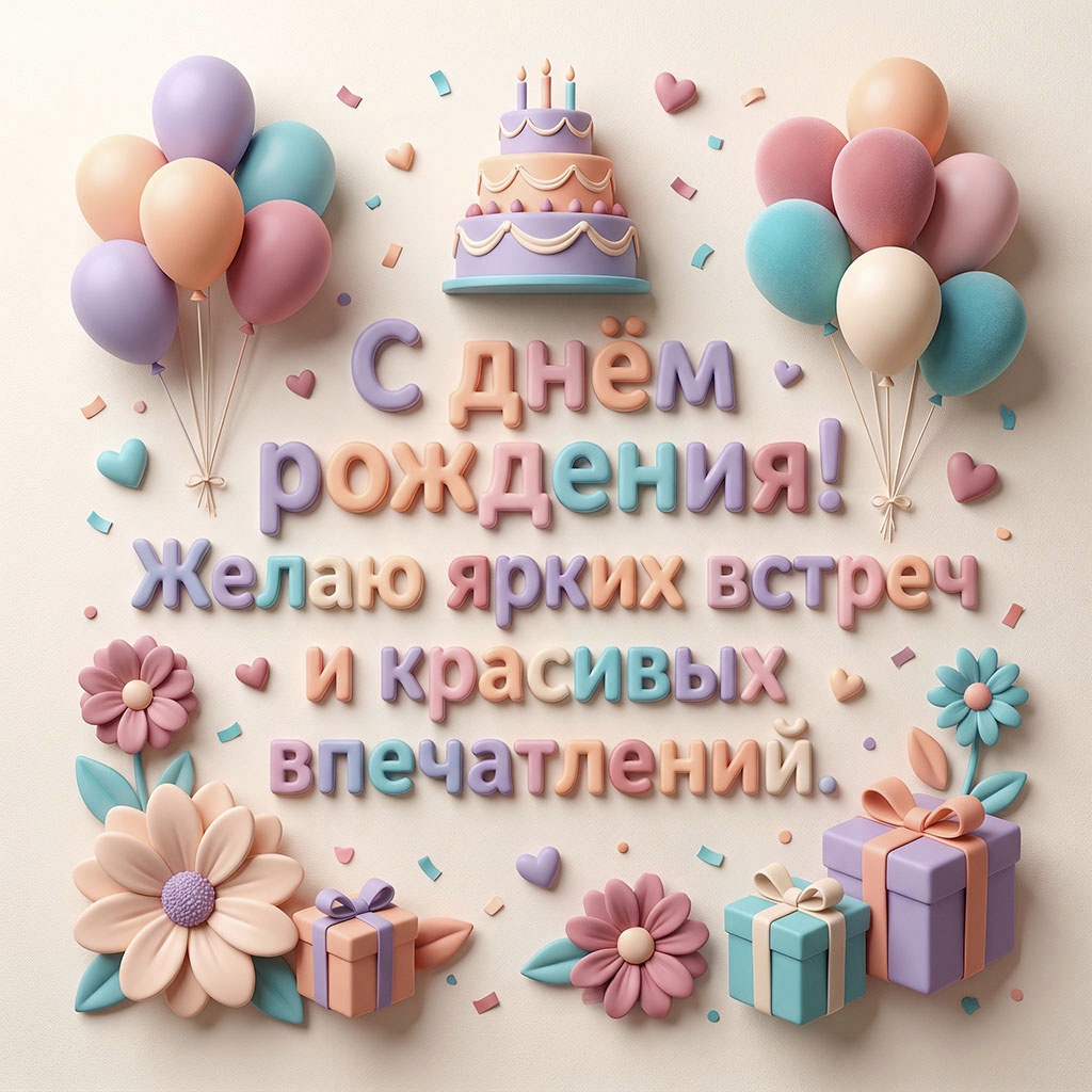 Открытка с шарами и тортом, текст "С днем рождения! Желаю ярких встреч и красивых впечатлений".