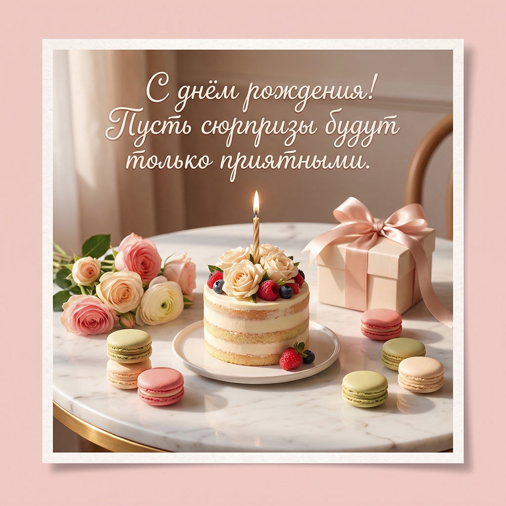 Открытка с тортом и цветами, текст "С днем рождения! Пусть сюрпризы будут только приятными". 