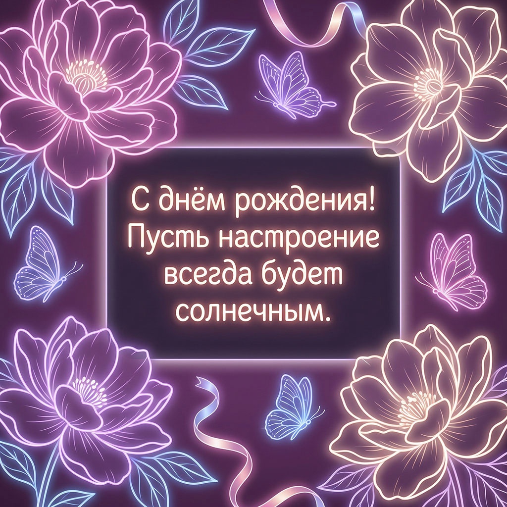 Неоновая открытка с цветами и текстом "С днем рождения! Пусть настроение всегда будет солнечным". 