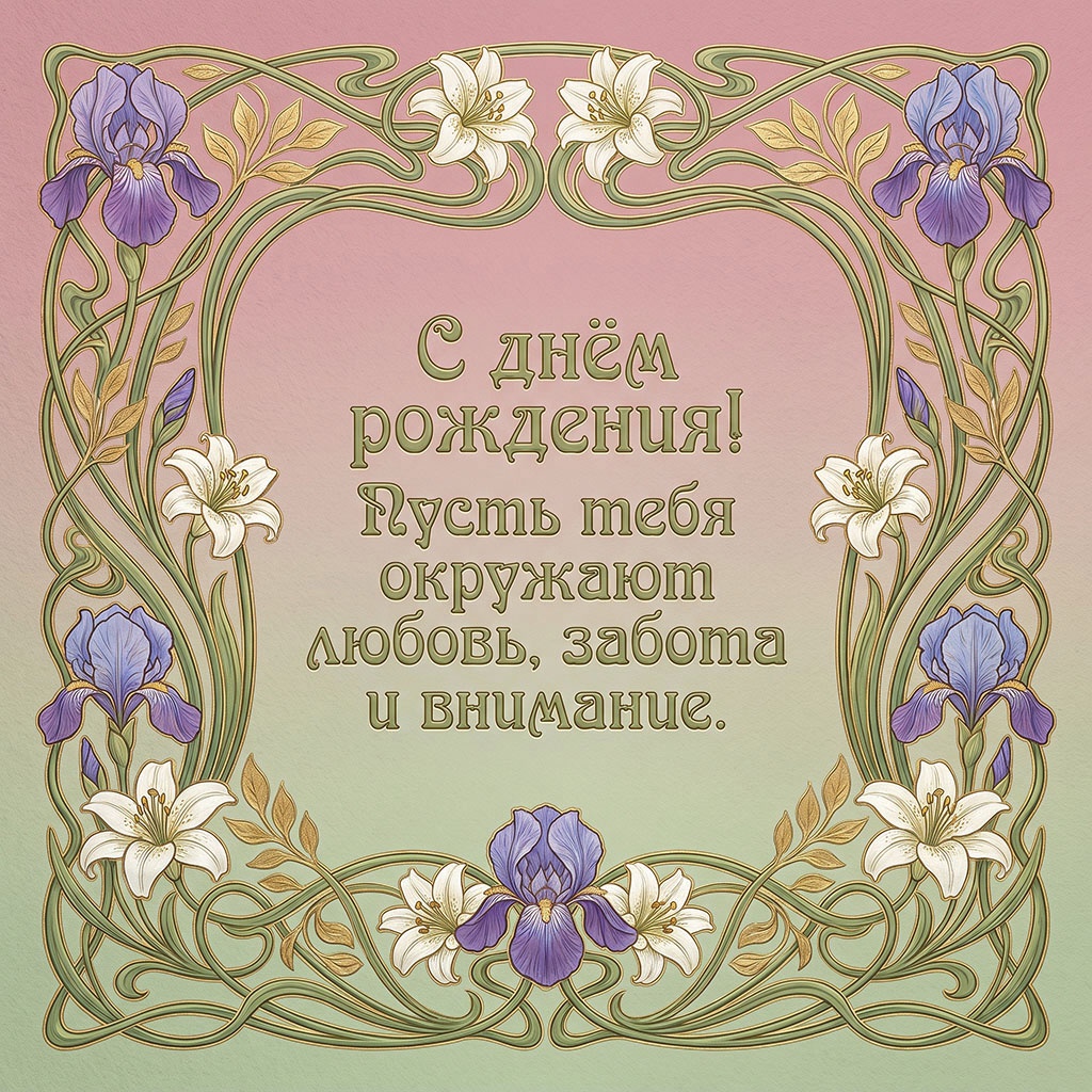 Открытка в стиле модерн с цветами и текстом "С днем рождения! Пусть тебя окружают любовь, забота и внимание". 