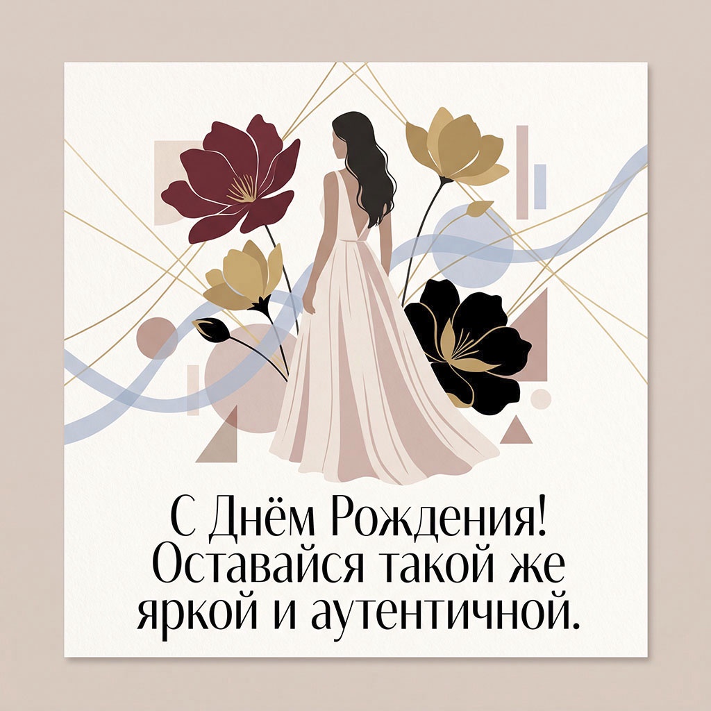 Открытка с женским силуэтом и текстом "С Днем Рождения! Оставайся такой же яркой и аутентичной".
