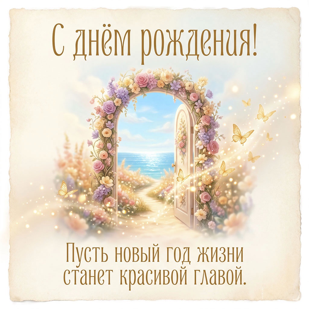 Открытка с цветочной аркой над дверью и текстом "С днем рождения! Пусть новый год жизни станет красивой главой".