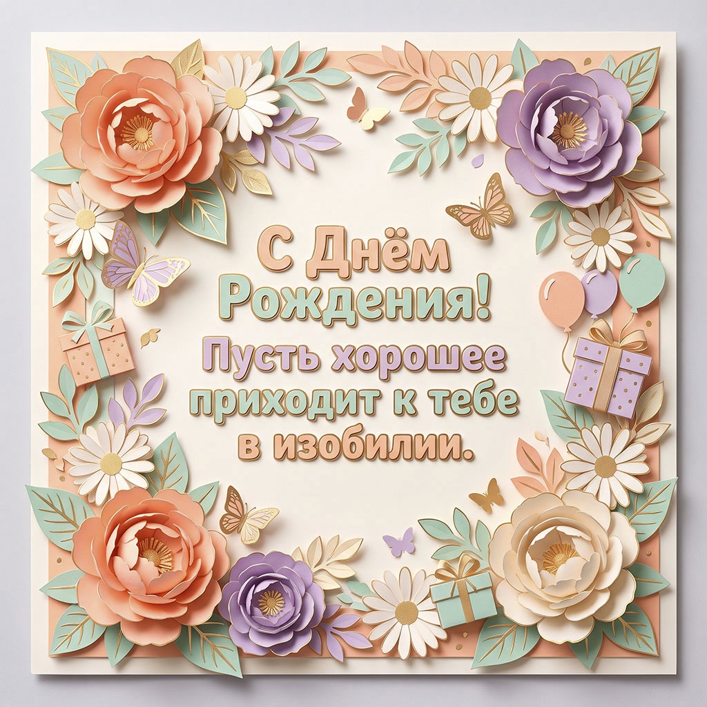 Открытка с бумажными цветами, бабочками, подарками и текстом "С днем рождения! Пусть хорошее приходит к тебе в изобилии".