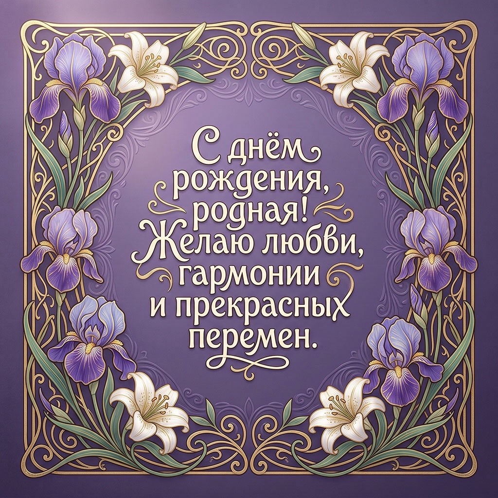 Открытка с ирисами и текстом "С днем рождения, родная! Желаю любви, гармонии и прекрасных перемен".