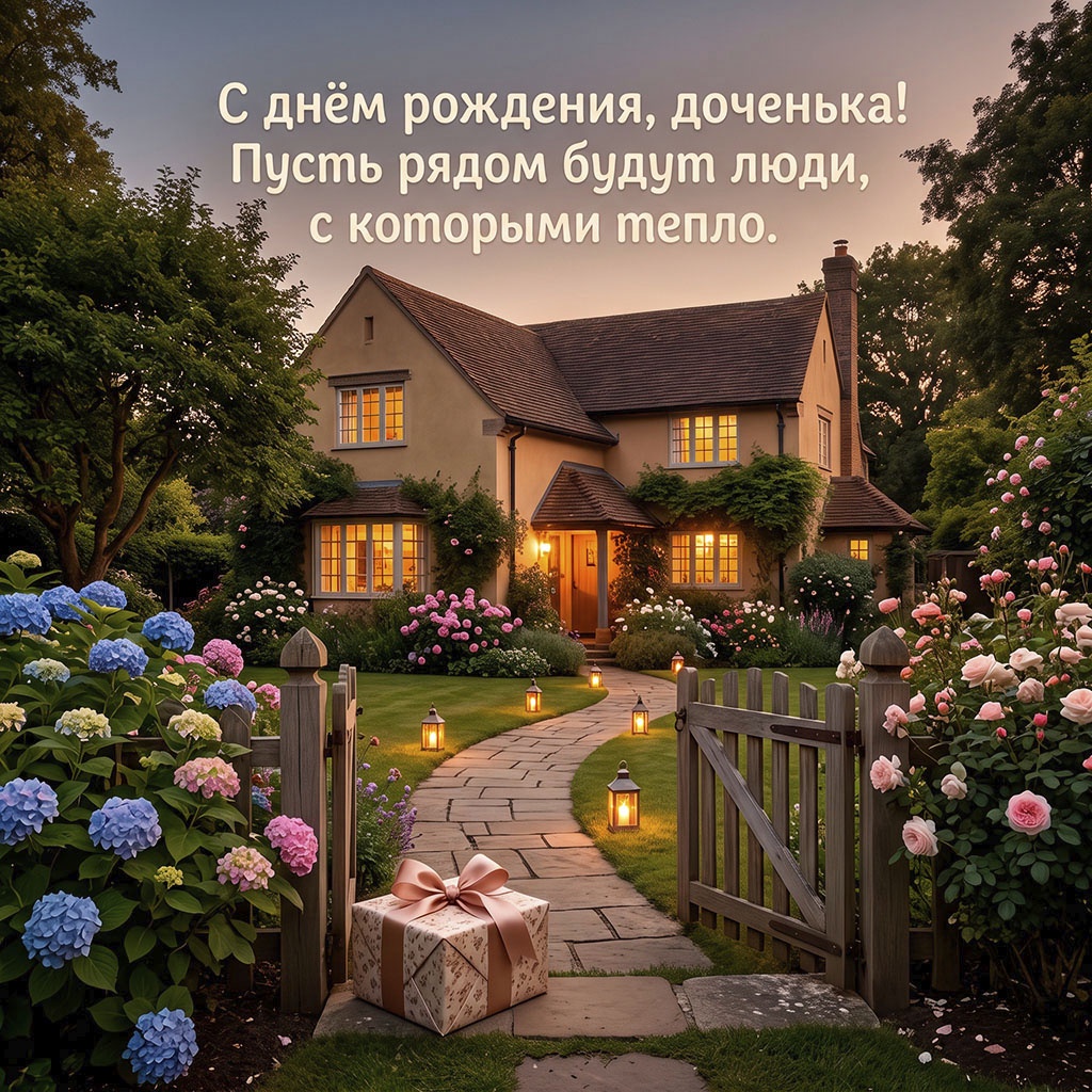 Открытка с домом и текстом "С днем рождения, доченька! Пусть рядом будут люди, с которыми тепло".