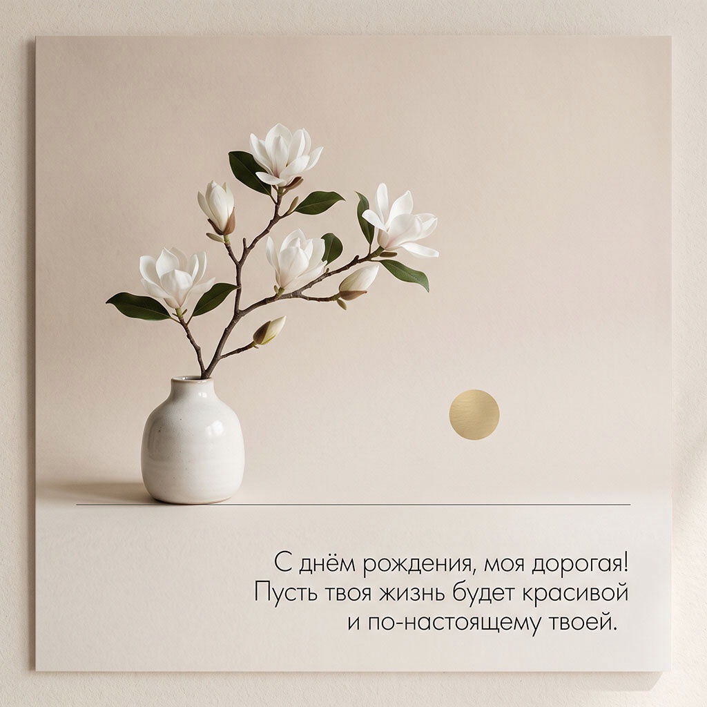Открытка с магнолиями в вазе и текстом "С днем рождения, моя дорогая! Пусть твоя жизнь будет красивой и по-настоящему твоей".
