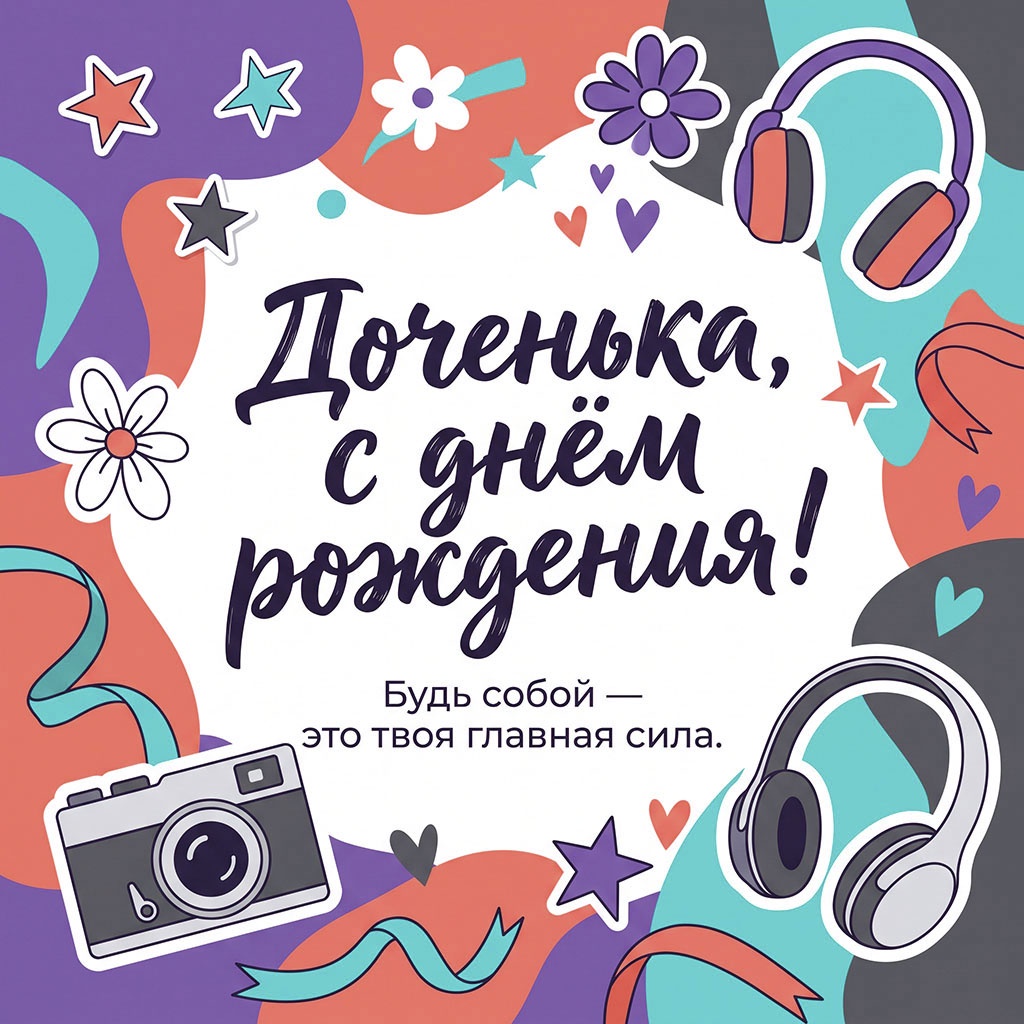 Открытка со стикерами и текстом "Доченька, с днем рождения! Будь собой - это твоя главная сила".
