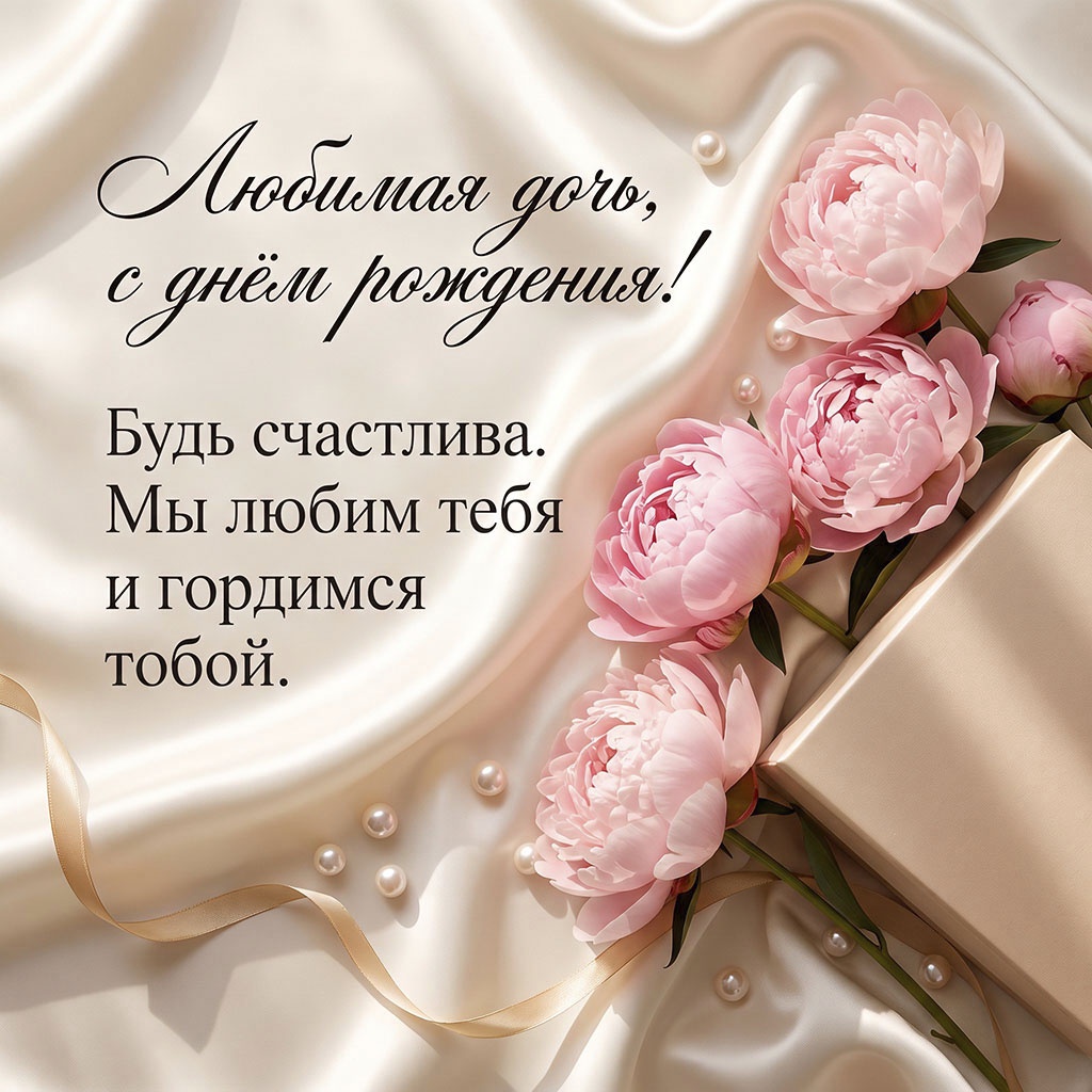Открытка с пионами и текстом "Любимая дочь, с днем рождения! Будь счастлива. Мы любим тебя и гордимся тобой".