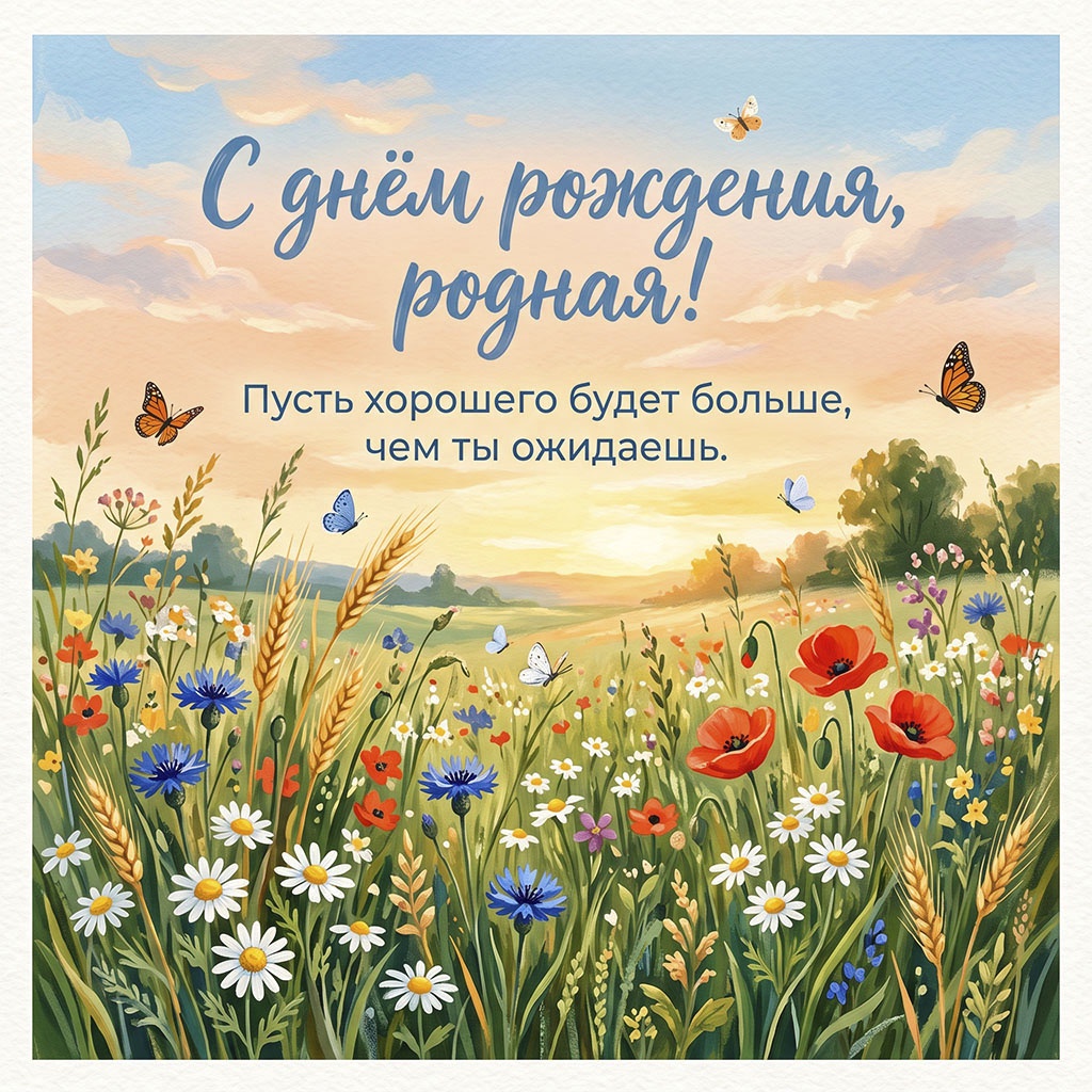 Открытка с полем и текстом "С днем рождения, родная! Пусть хорошего будет больше, чем ты ожидаешь".