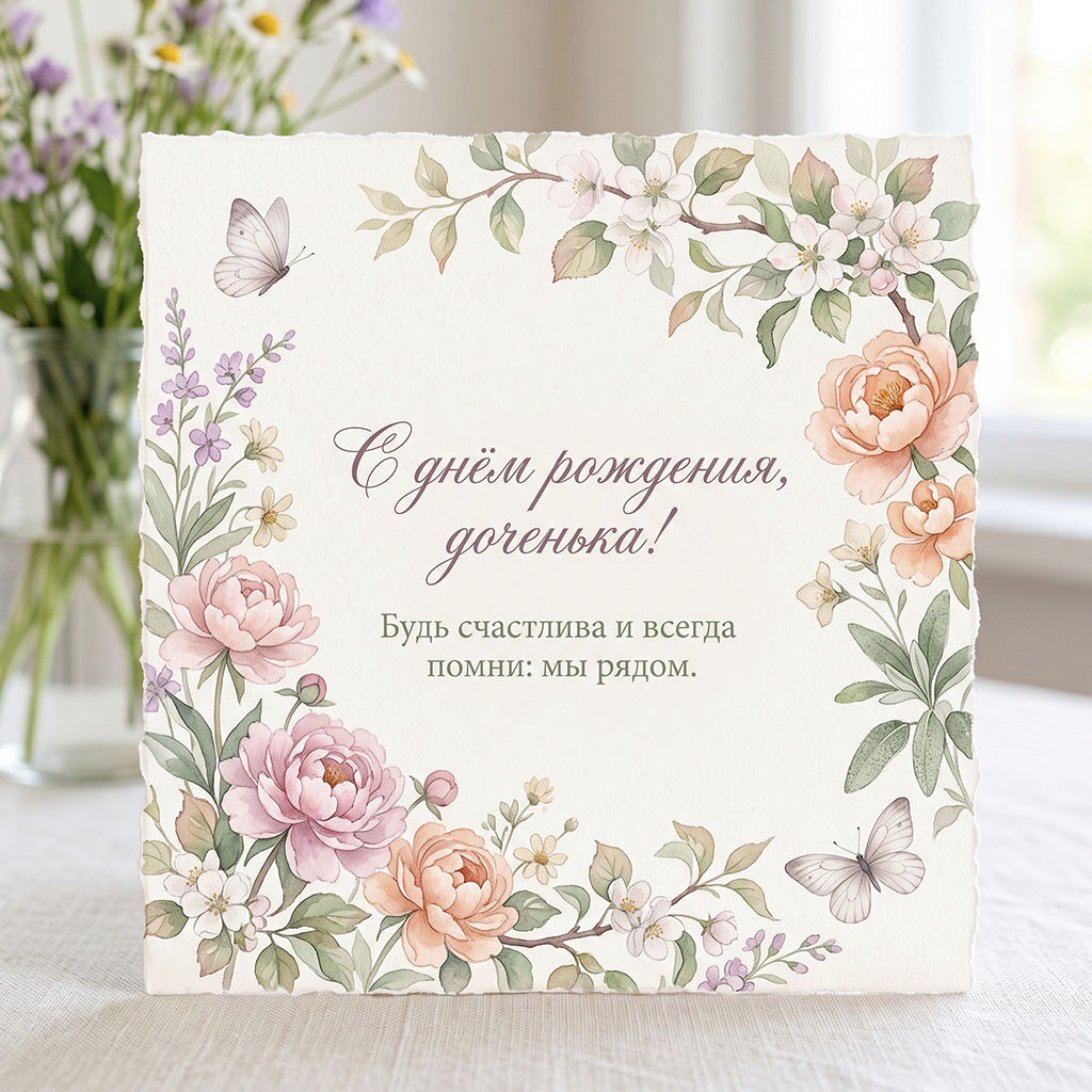 Открытка с акварельными цветами и текстом "С днем рождения, доченька! Будь счастлива и всегда помни: мы рядом".