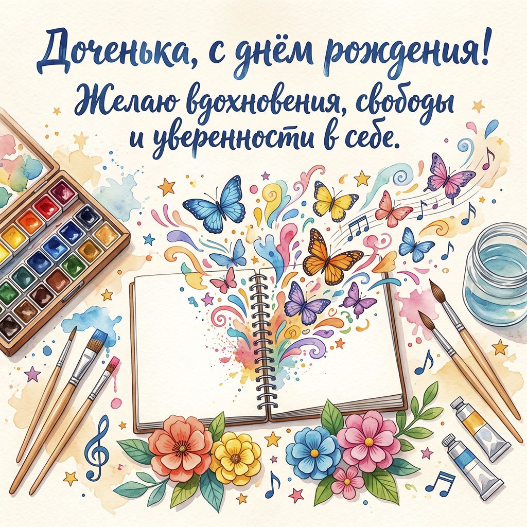 Открытка с красками и текстом "Доченька, с днем рождения! Желаю вдохновения, свободы и уверенности в себе".