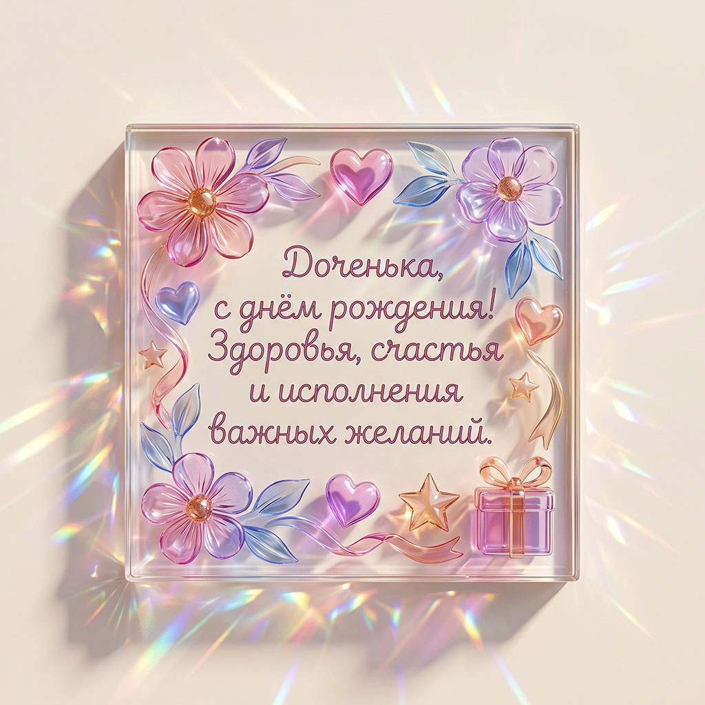 Открытка с кристаллами и текстом "Доченька, с днем рождения! Здоровья, счастья и исполнения важных желаний".
