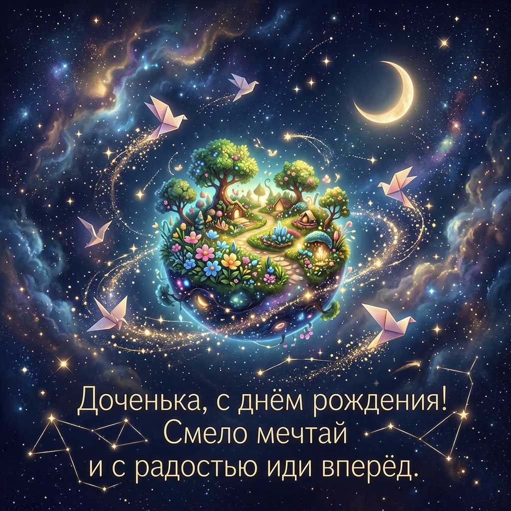 Открытка со сказочной планетой и текстом "Доченька, с днем рождения! Смело мечтай и с радостью иди вперед".