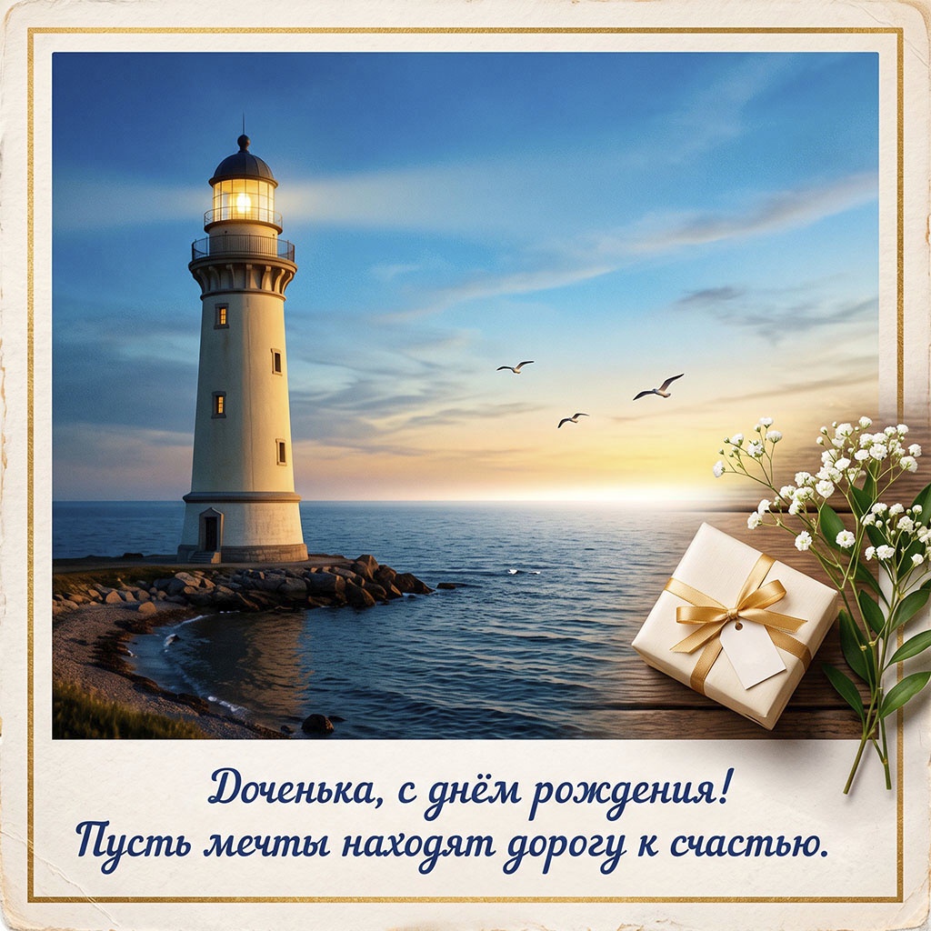 Открытка с маяком и текстом "Доченька, с днем рождения! Пусть мечты находят дорогу к счастью".