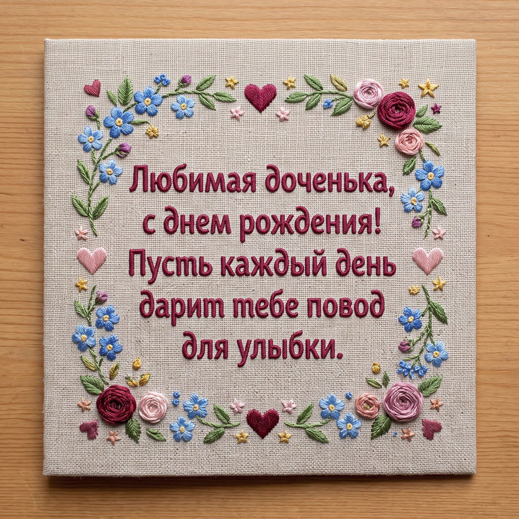 Вышитая открытка с текстом "Любимая доченька, с днем рождения! Пусть каждый день дарит тебе повод для улыбки".