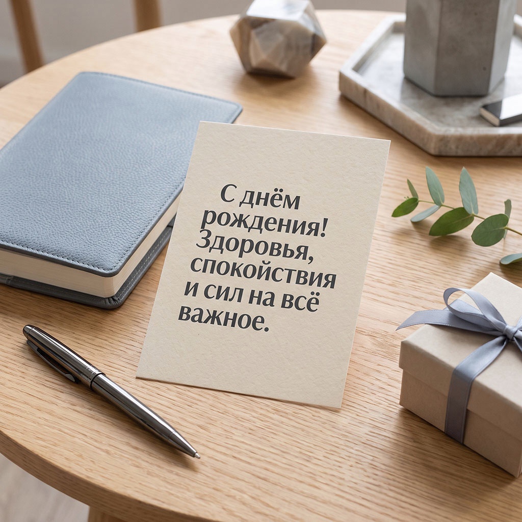 Открытка со стильными рабочими аксессуары и открыткой на столе с текстом "С днем рождения! Здоровья, спокойствия и сил на все важное".