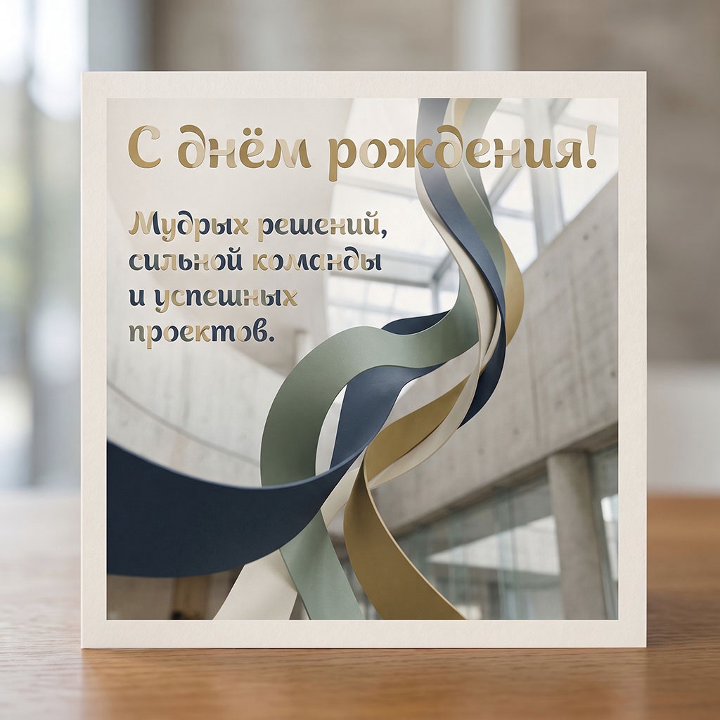 Абстрактная открытка с лентами и текстом "С днем рождения! Мудрых решений, сильной команды и успешных проектов".