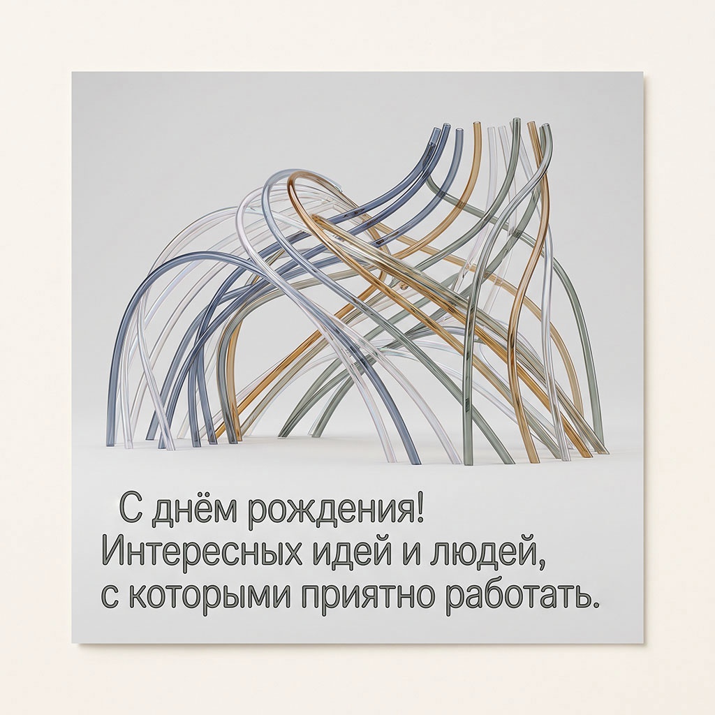 Открытка с абстрактной композицией и текстом "С днем рождения! Интересных идей и людей, с которыми приятно работать".