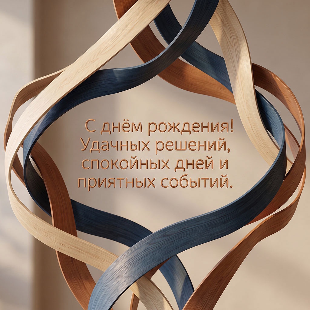 Открытка с деревянными лентами и текстом "С днем рождения! Удачных решений, спокойных дней и приятных событий".