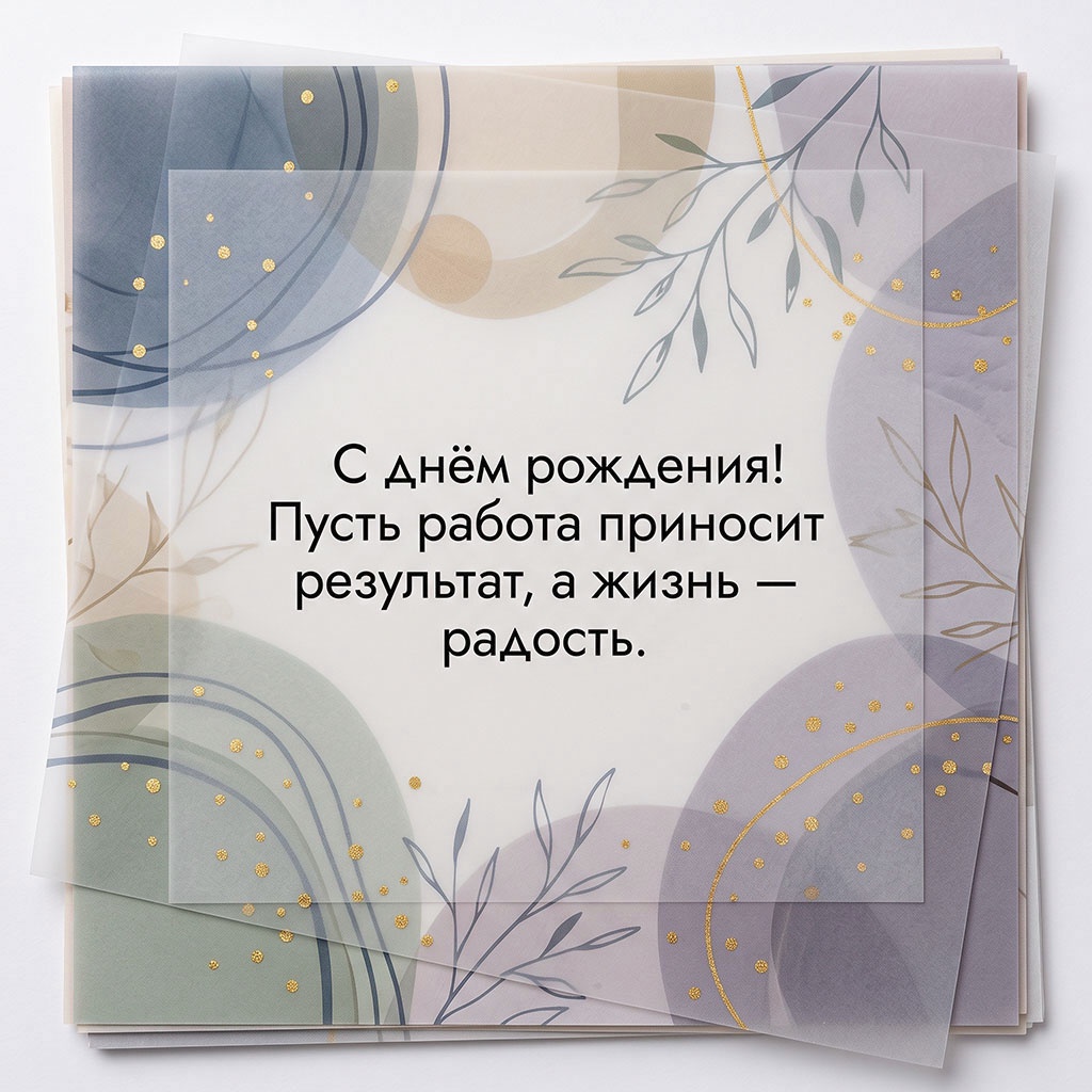 Открытка с акварелью полупрозрачными пластинами и текстом "С днем рождения! Пусть работа приносит результат, а жизнь - радость".