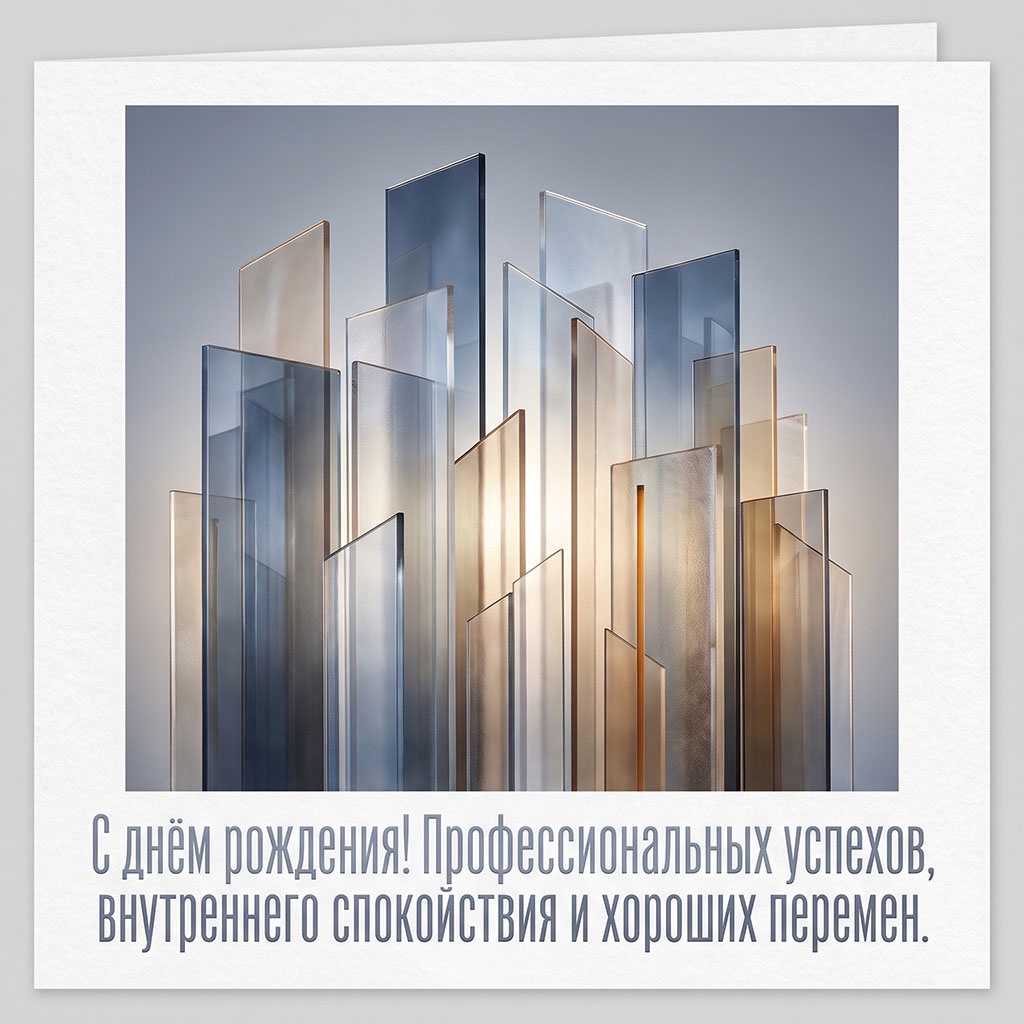 Открытка с композицией из стекла и текстом "С днем рождения! Профессиональных успехов, внутреннего спокойствия и хороших перемен".