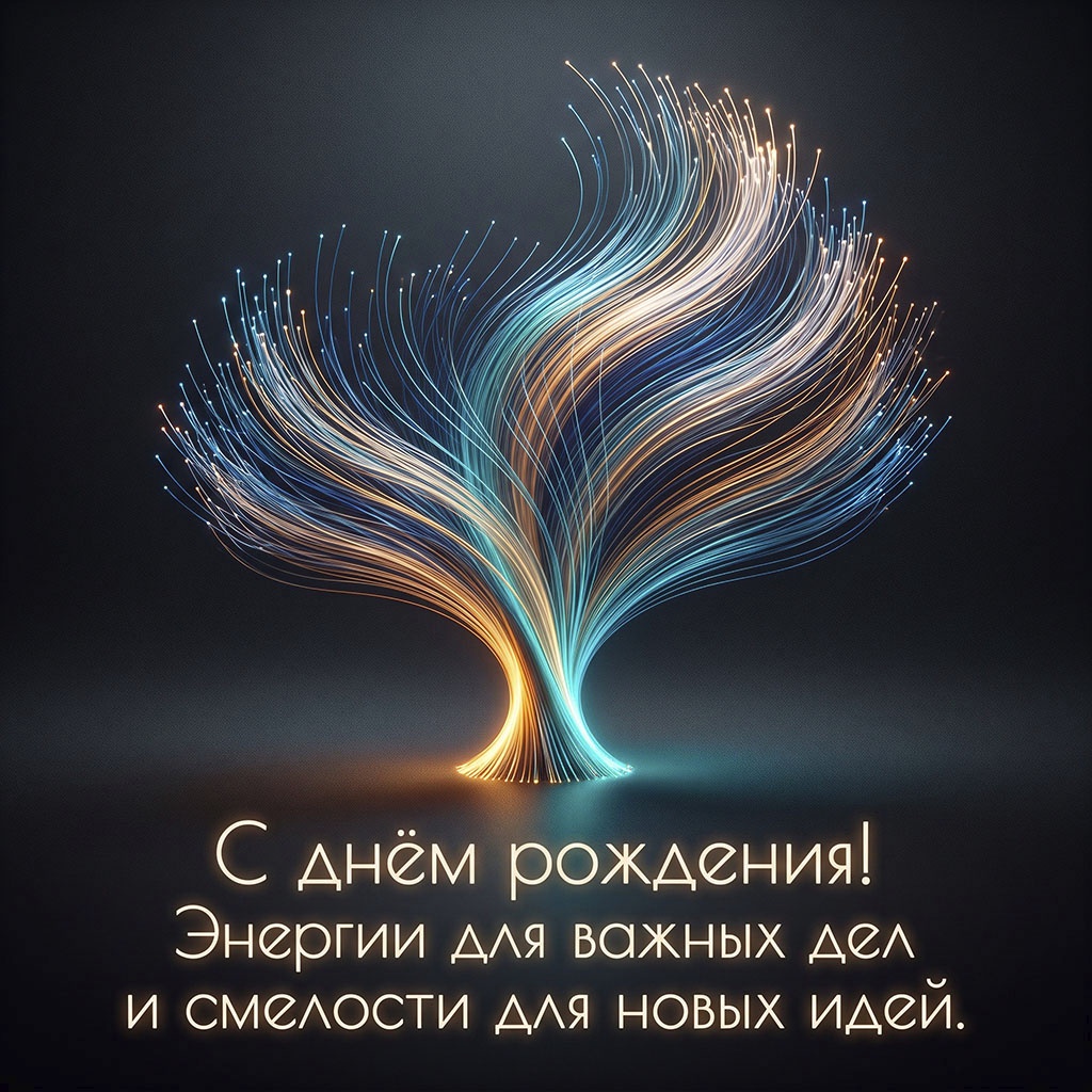 Открытка со световым деревом из неоновых нитей и текстом "С днем рождения! Энергии для важных дел и смелости для новых идей".