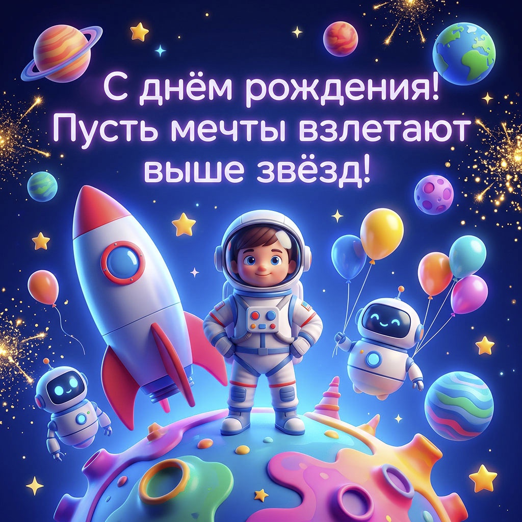 Космическая открытка с текстом "С днем рождения! Пусть мечты взлетают выше звезд!"
