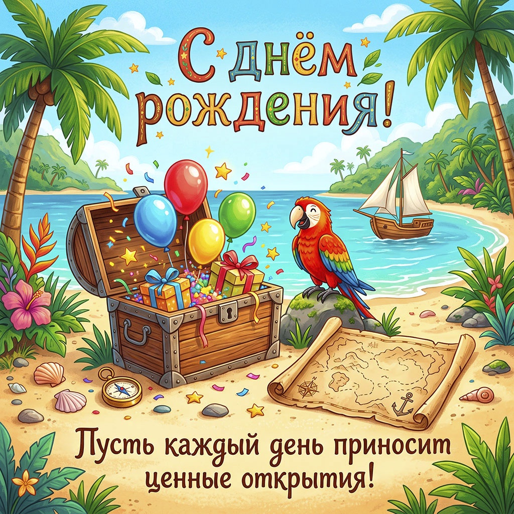 Красочная открытка пирата: открытый сундук с подарками и шарами, яркий попугай, карта сокровищ, компас на песчаном пляже с пальмами и кораблем. Текст: "С днем рождения! Пусть каждый день приносит ценные открытия".