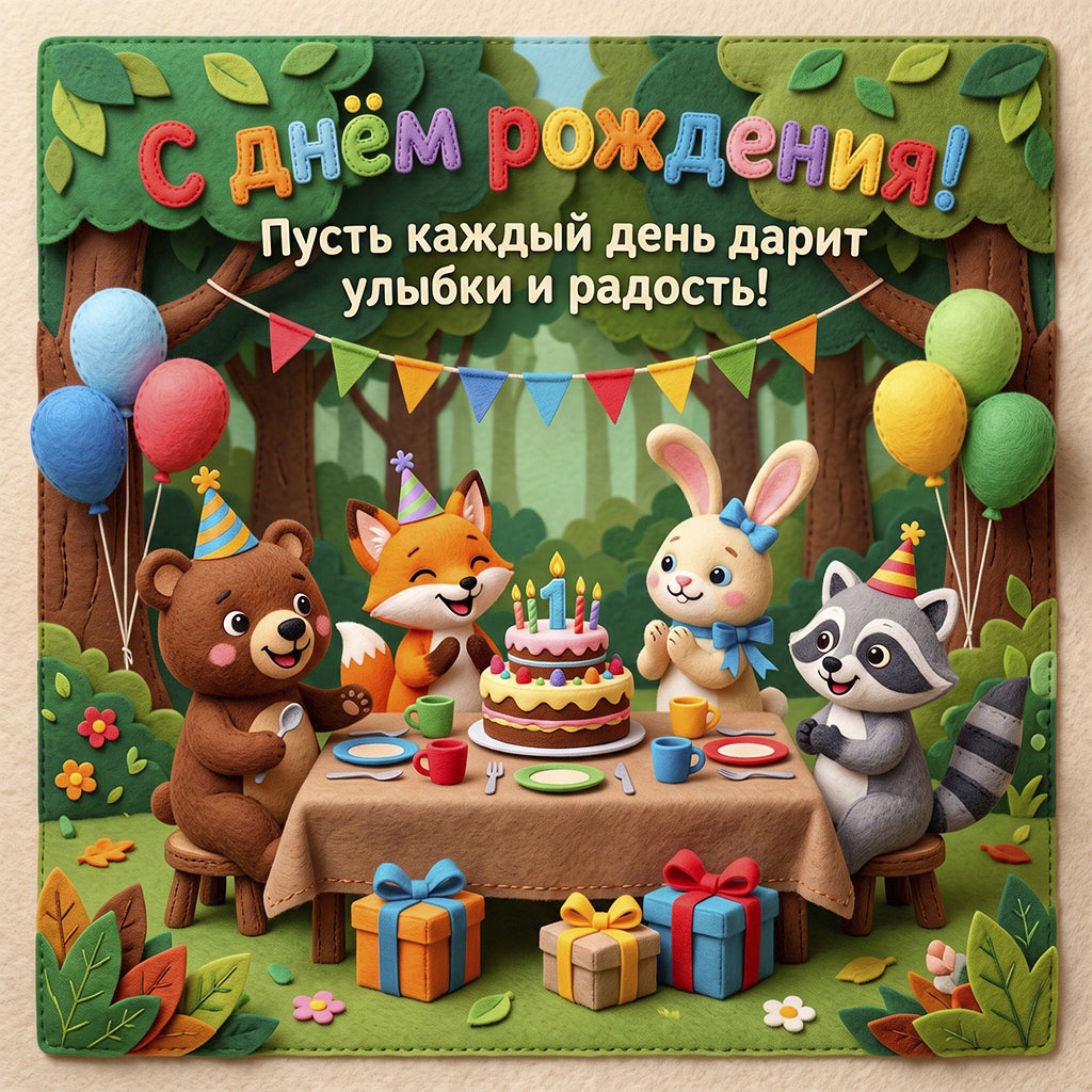 Мягкая войлочная открытка: медвежонок, лисенок, зайчик и енот сидят за столом с тортом, вокруг шары, гирлянда и подарки. Текст: "С днем рождения! Пусть каждый день дарит улыбки и радость".