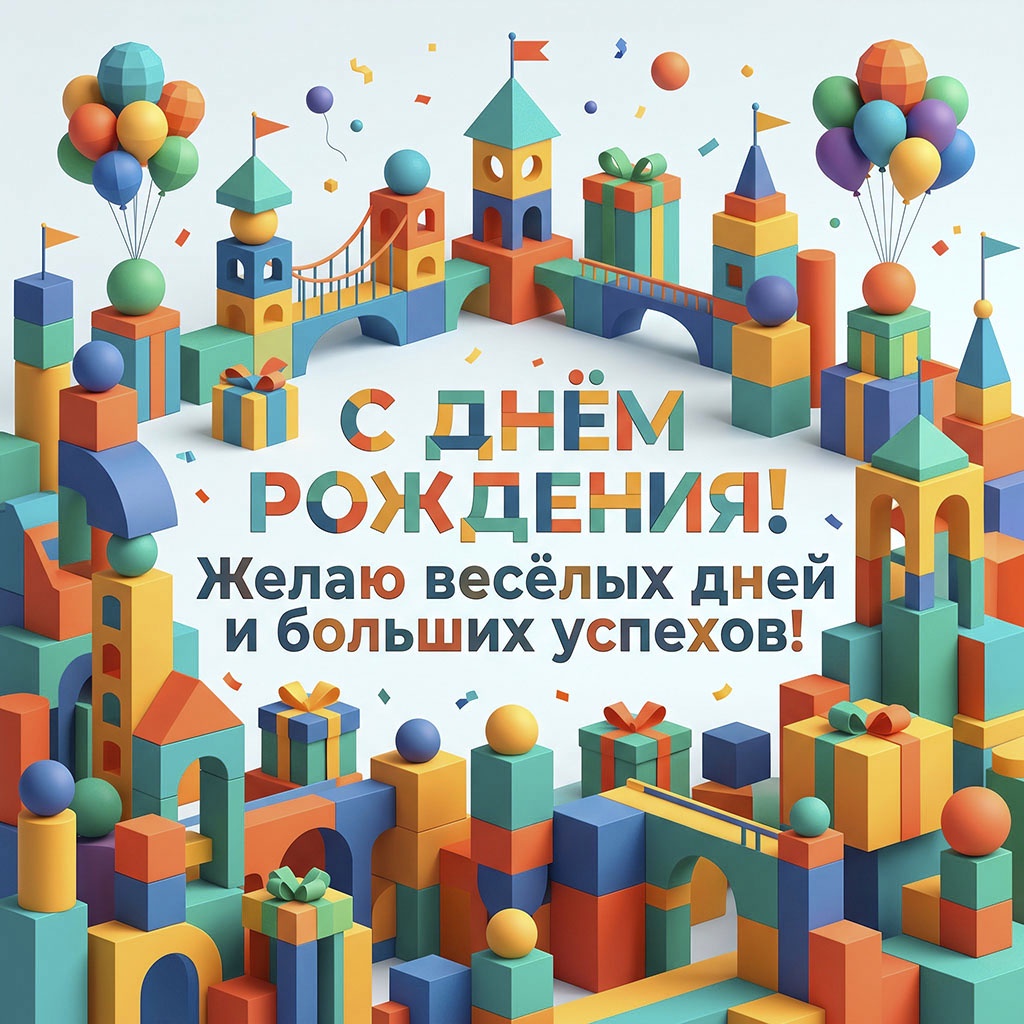 Открытка - город из кубиков с поздравлением "С днем рождения! Желаю веселых дней и больших успехов!".