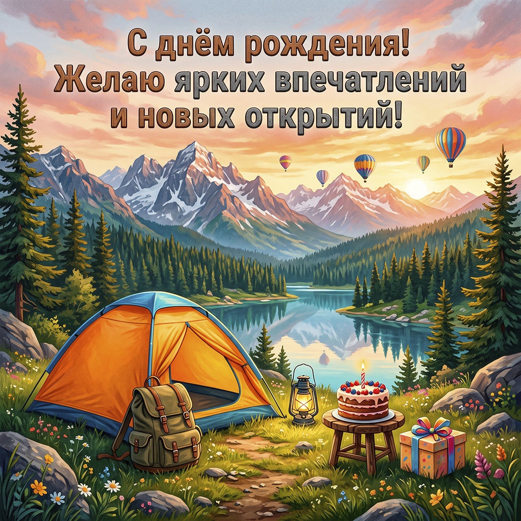 Открытка с кемпингом и текстом "С днем рождения! Желаю ярких впечатлений и новых открытий!".