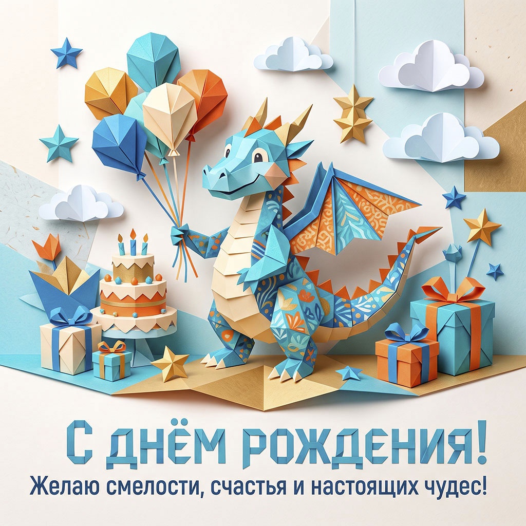 Открытка с веселым бумажным драконом и текстом "С днем рождения! Желаю смелости, счастья и настоящих чудес!".