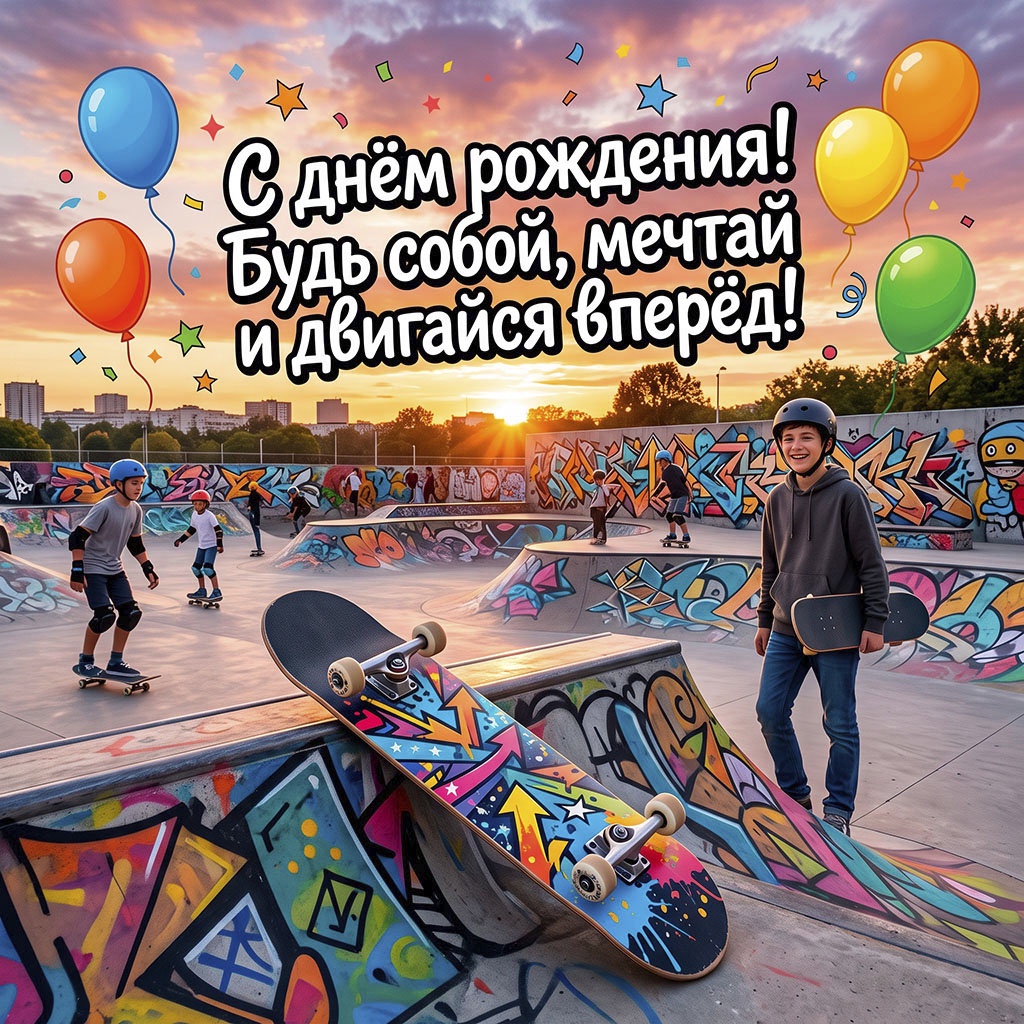 Открытка со скейтбордистами и текстом "С днем рождения! Будь собой, мечтай и двигайся вперед!".