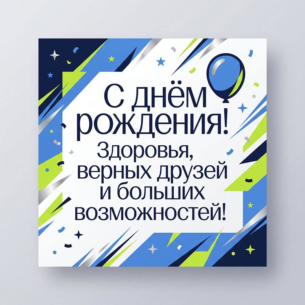 Открытка с динамичным геометрическим рисунком и текстом "С днем рождения! Здоровья, верных друзей и больших возможностей!".