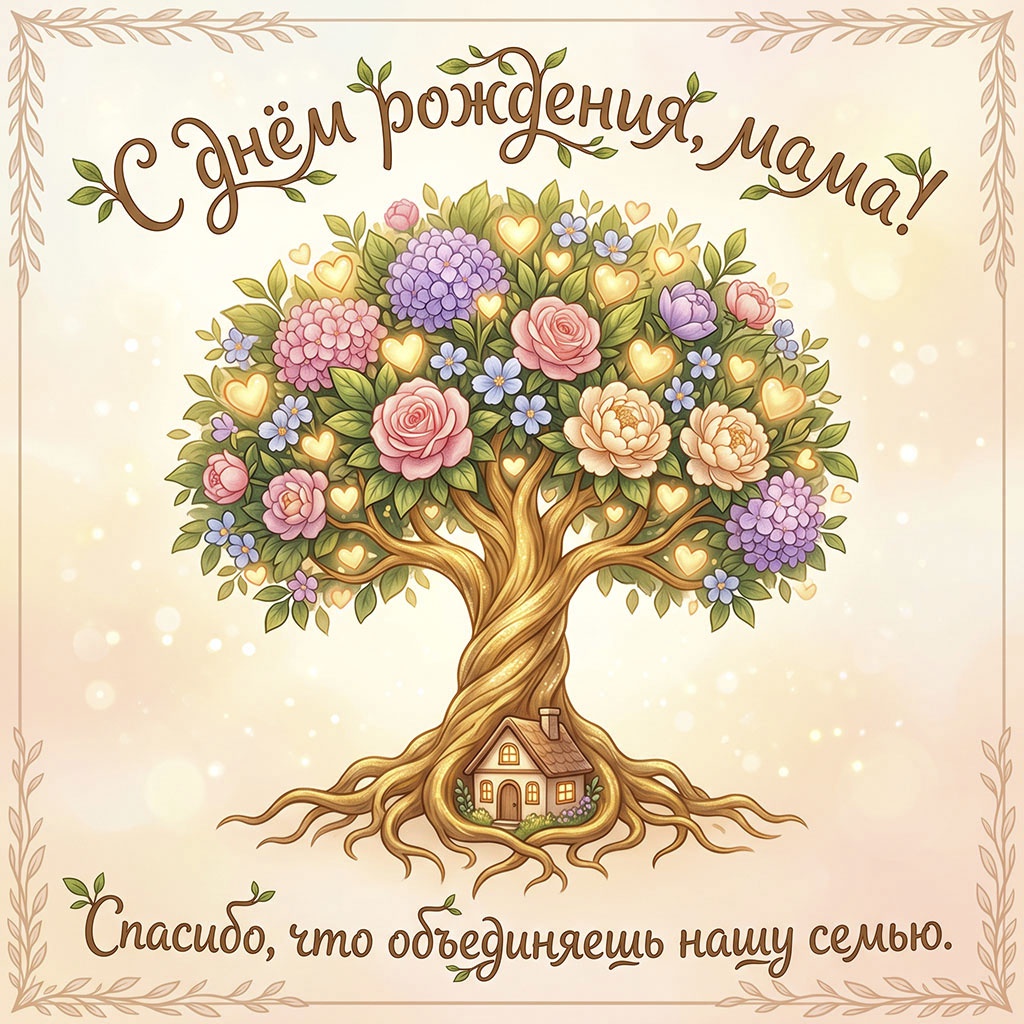 Открытка с символами семейных традиций и любви, c текстом "С днем рождения, мама! Спасибо, что объединяешь нашу семью"