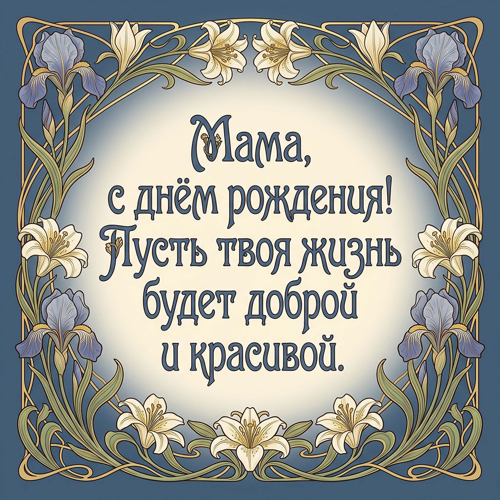 Открытка в стиле модерн с цветами и текстом "Мама, с днем рождения! Пусть твоя жизнь будет доброй и красивой"