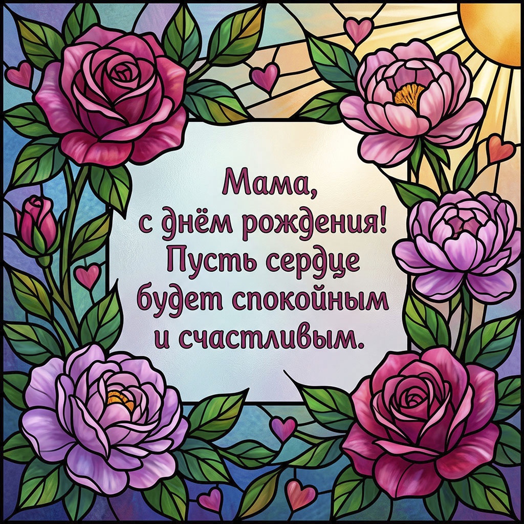 Витражная открытка с цветами и текстом "Мама, с днем рождения! Пусть сердце будет спокойным и счастливым". 