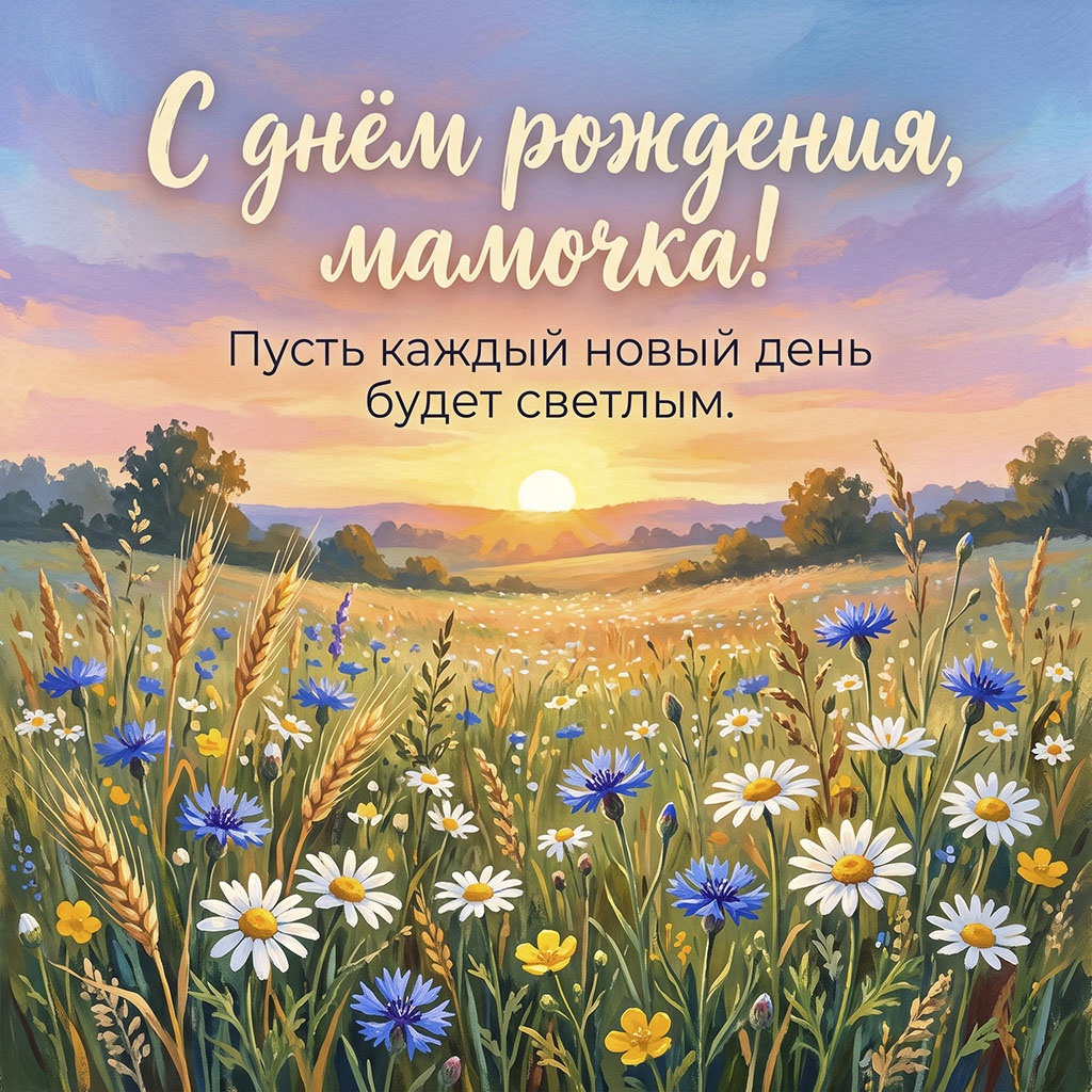 Открытка с полевым пейзажем и текстом "С днем рождения, мамочка! Пусть каждый новый день будет светлым".